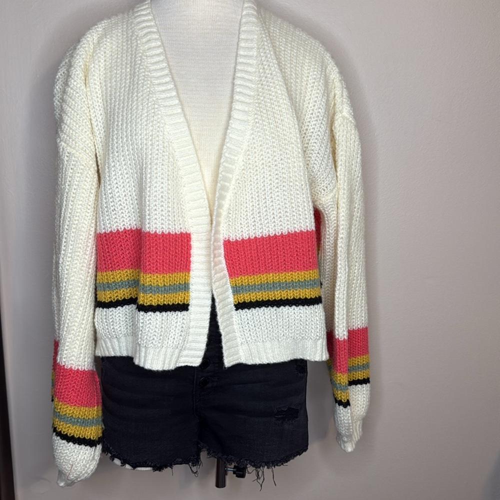 HYFVE Cream and Pink Cardigan Sweater with Striped Balloon Sleeves